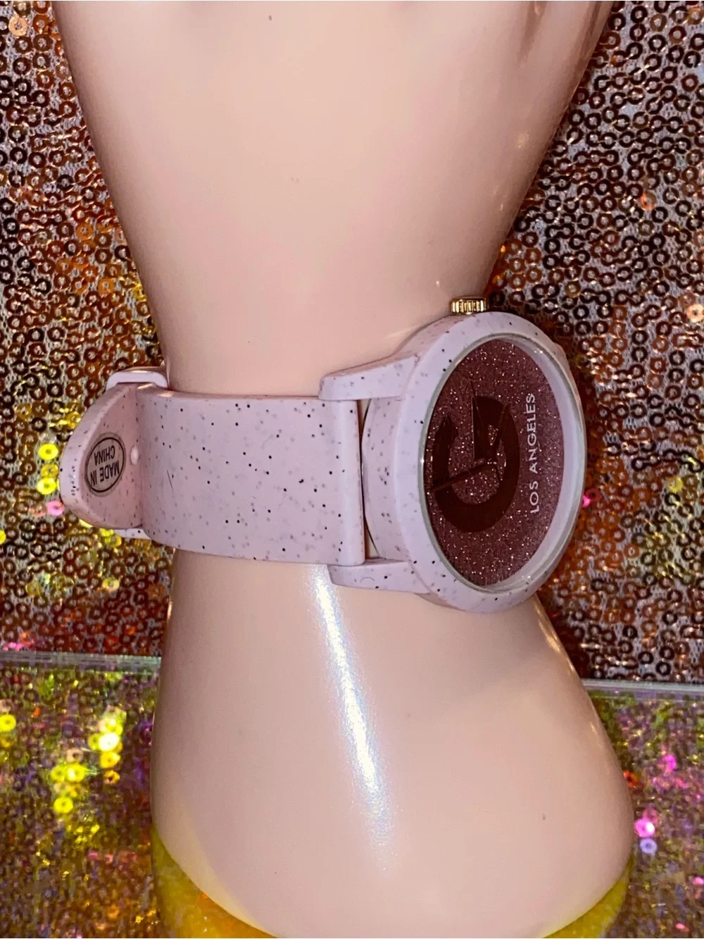 Guess G Los Angeles Pink Glitter Logo Watch-Blush Speckled Strap-Y2K Glam